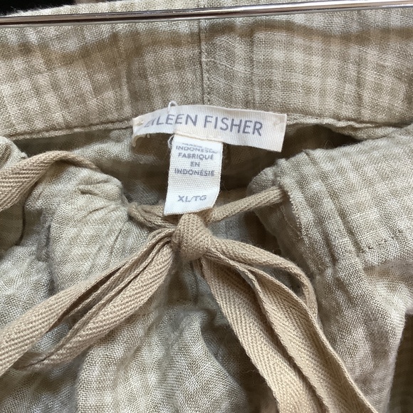 Eileen Fisher Checked Organic Linen Pants - Elastic Waist - Drawstring Tie - Picture 4 of 4